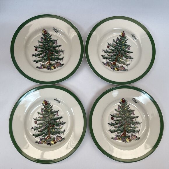 Spode Christmas Tree Bread & Butter Plates Green Band Lot of 4 - Retail $26 each - Picture 2 of 12